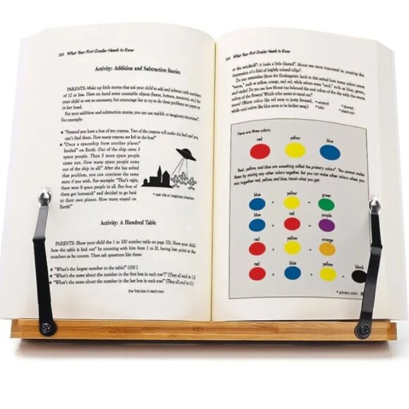 BAMBOO BOOK STAND | ADJUSTABLE HOLDER TRAY W/PAGE PAPER CLIP | PORTABLE - Picture 4 of 14